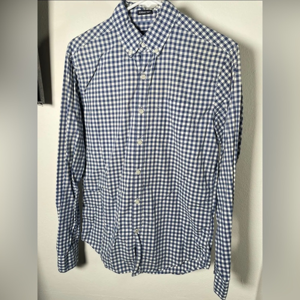 American Eagle Long Sleeve Blue White Men's Button Up Checkered Shirt Size S